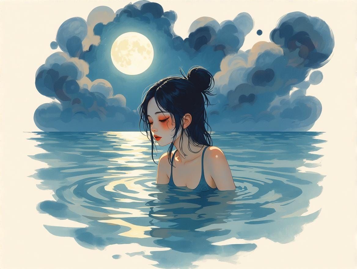 An aquapunk Chinese girl takes a dip in the sea. 4. Similar to Clyfford Still.  02