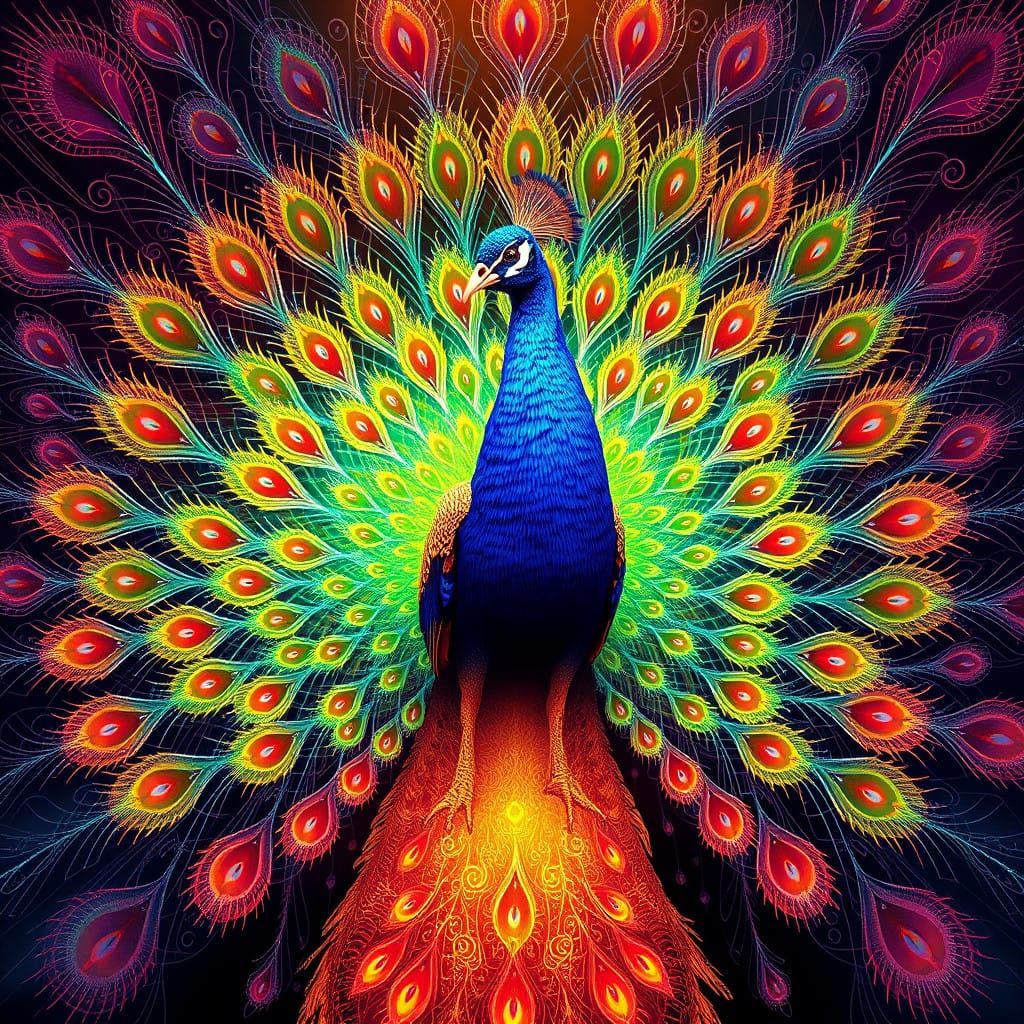 Vibrant Rainbow Peacock in Kaleidoscopic Iridescence