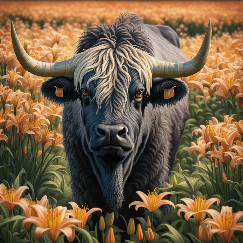 Shaggy Ox in Lily Field: Hyperrealistic Photo