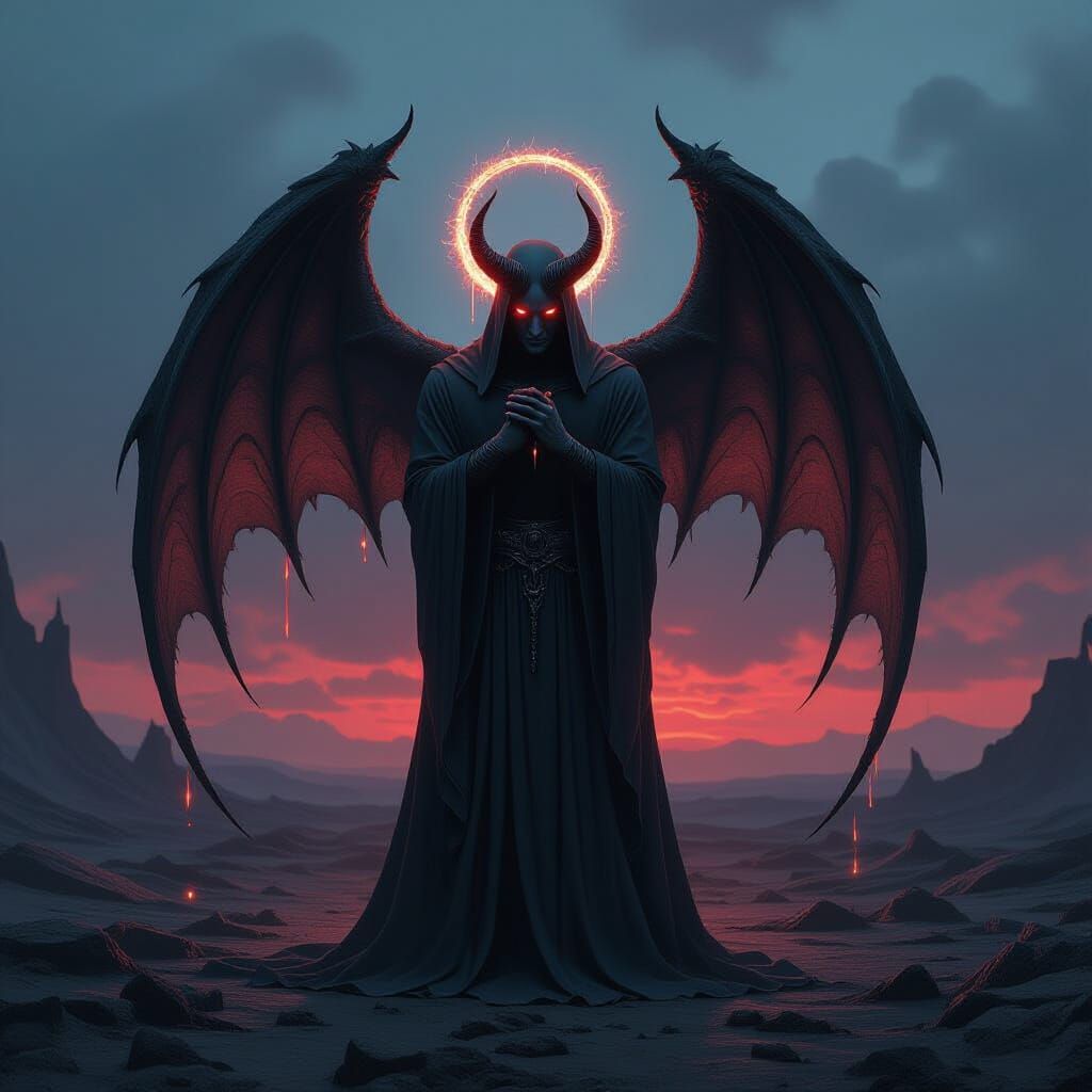 Gothic Demon Weeping Light in Desolate Landscape