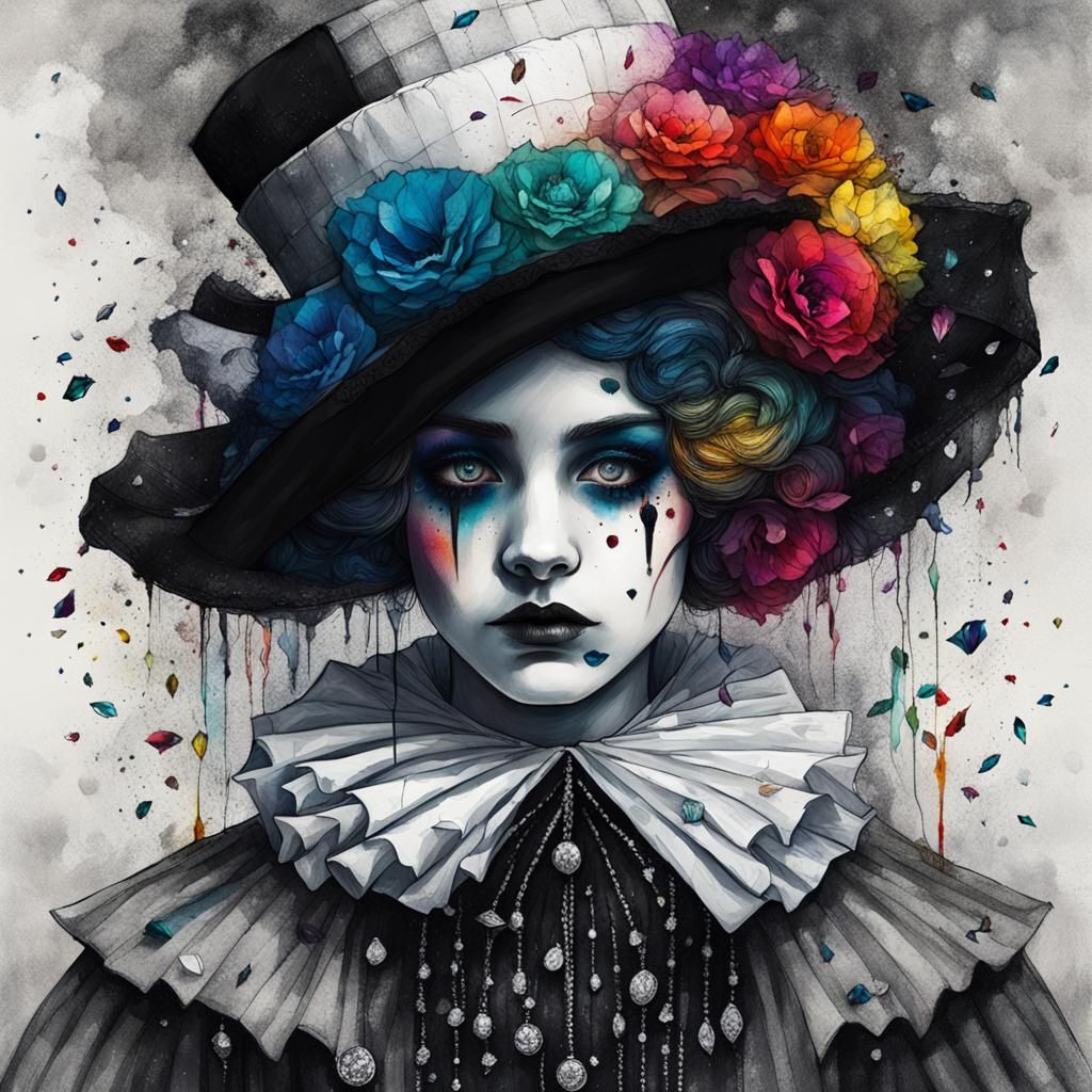 Sad Pierrot Girl Portrait in Luminism Style