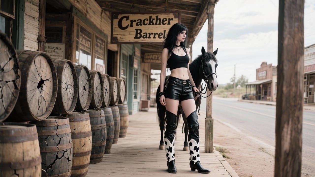 Goth Cowgirl on Pony at Cracked Barrel Store