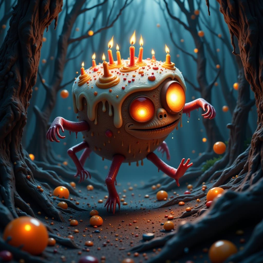 Monstrous Birthday Cake Creature in Whimsical Forest
