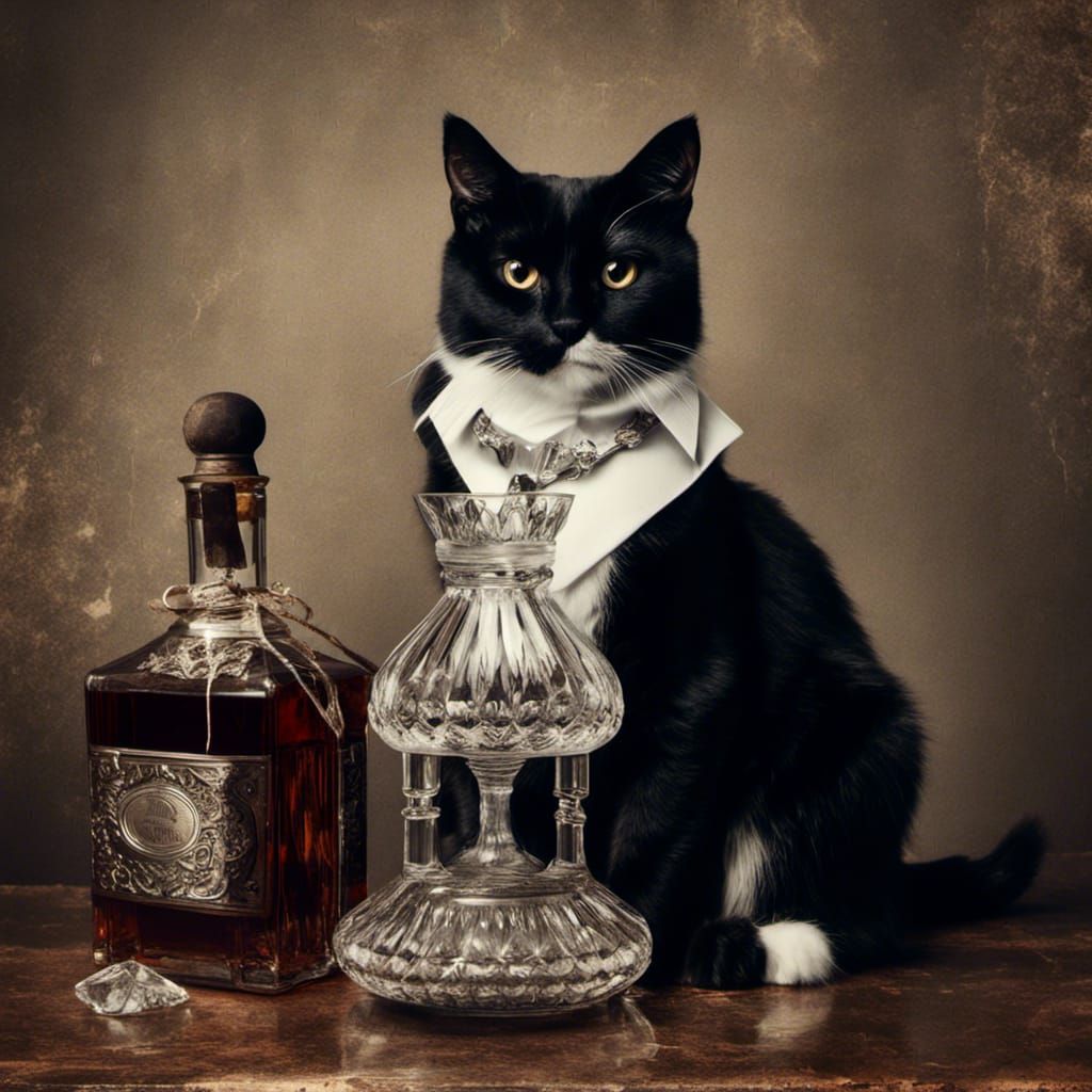 Sparkling Tuxedo Cat in Crystal Brandy Bottle
