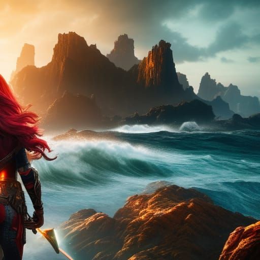 Hyperdetailed Adventurer Amid Crashing Waves