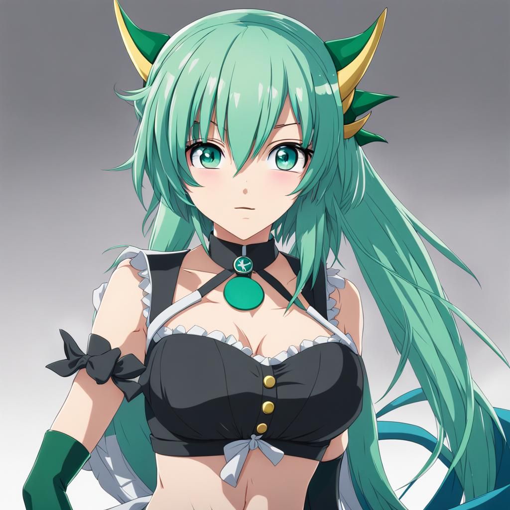 Anime Dragon Maid with Green Hair and Blue Eyes