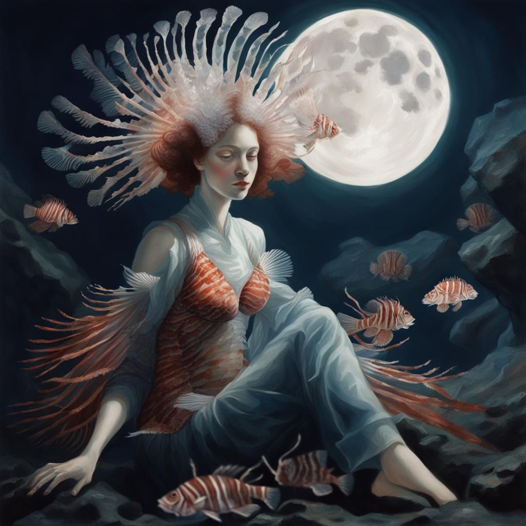 Luminous Lionfish Lady in Lunar Light Lithograph