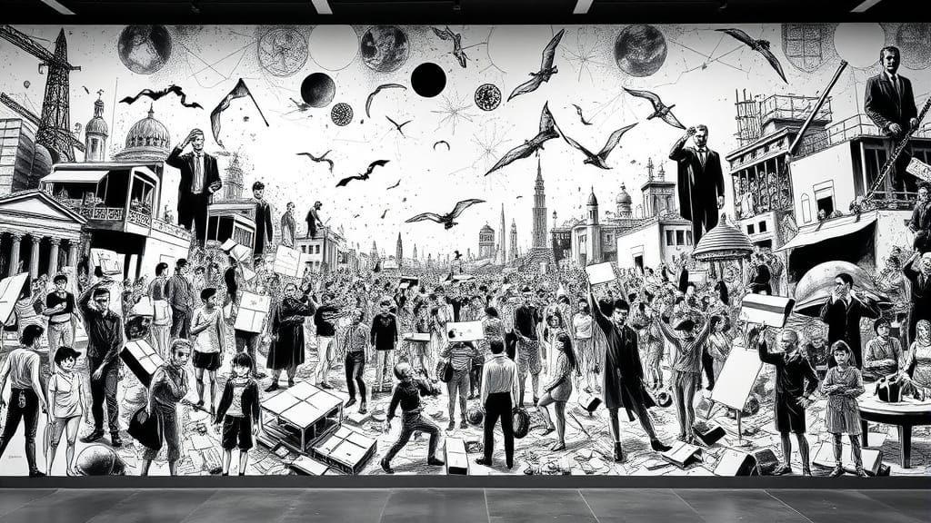 Chaotic Mural Reimagining Guernica in Detailed Line Work