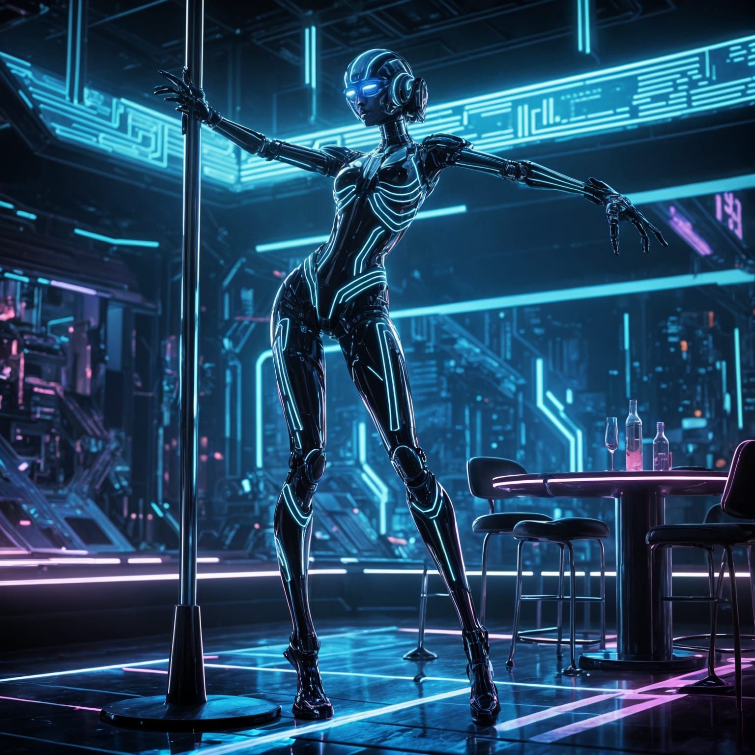 Female Robot Pole Dancing in Neon Noir Style
