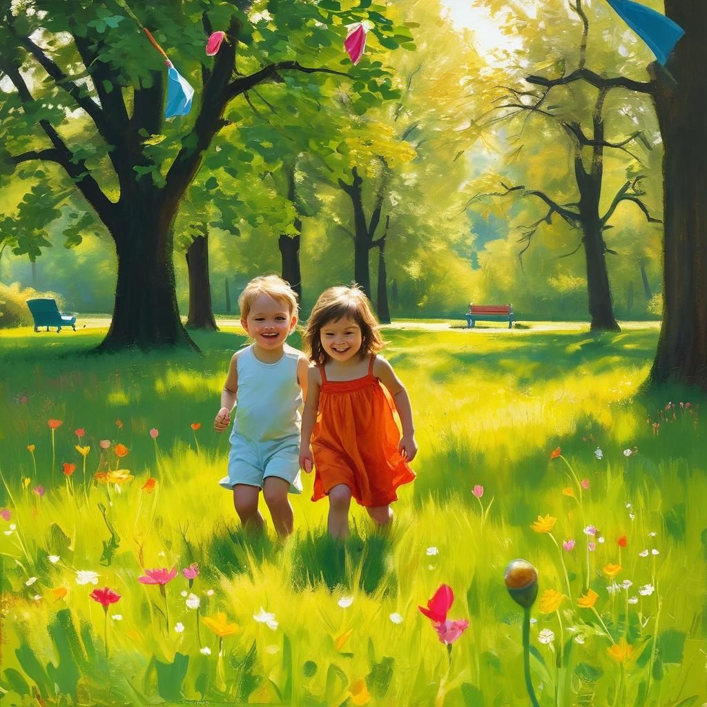 Impressionist painting of children playing tag in a lush green park with sharpened faces