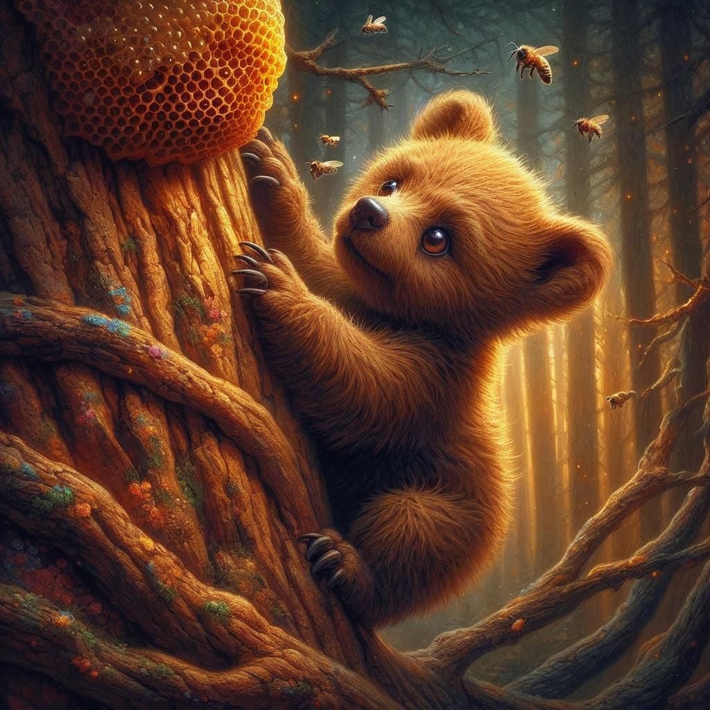 Adorable Bear Reaching Bees Nest in Fantasy Art