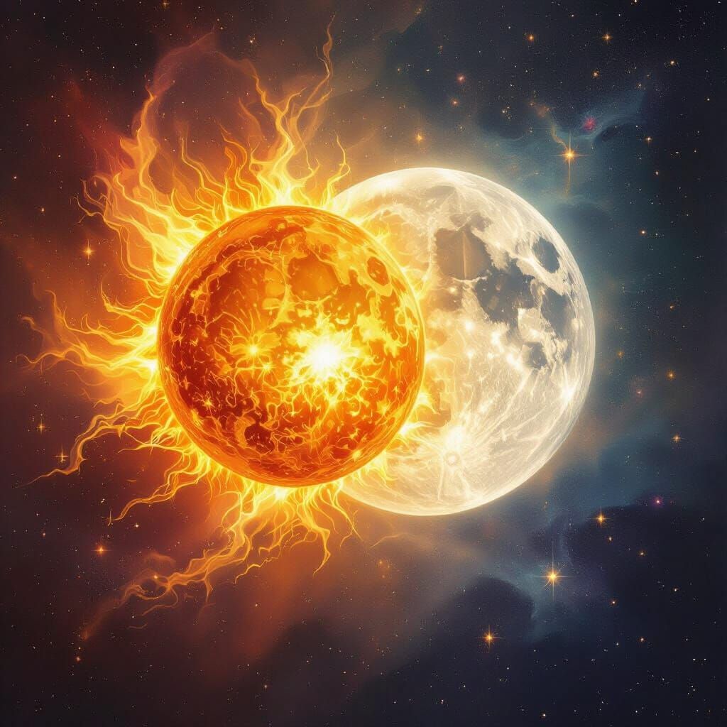 Sun and Moon Collide in Cosmic Digital Painting
