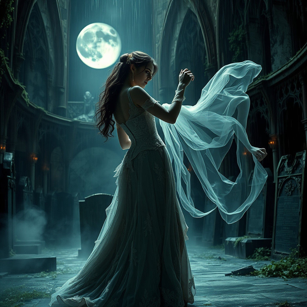 Vampire and Ghostly Woman Dance in Ruined Theater