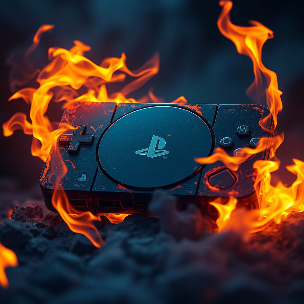 PlayStation Console Engulfed in Flames: Apocalyptic Art
