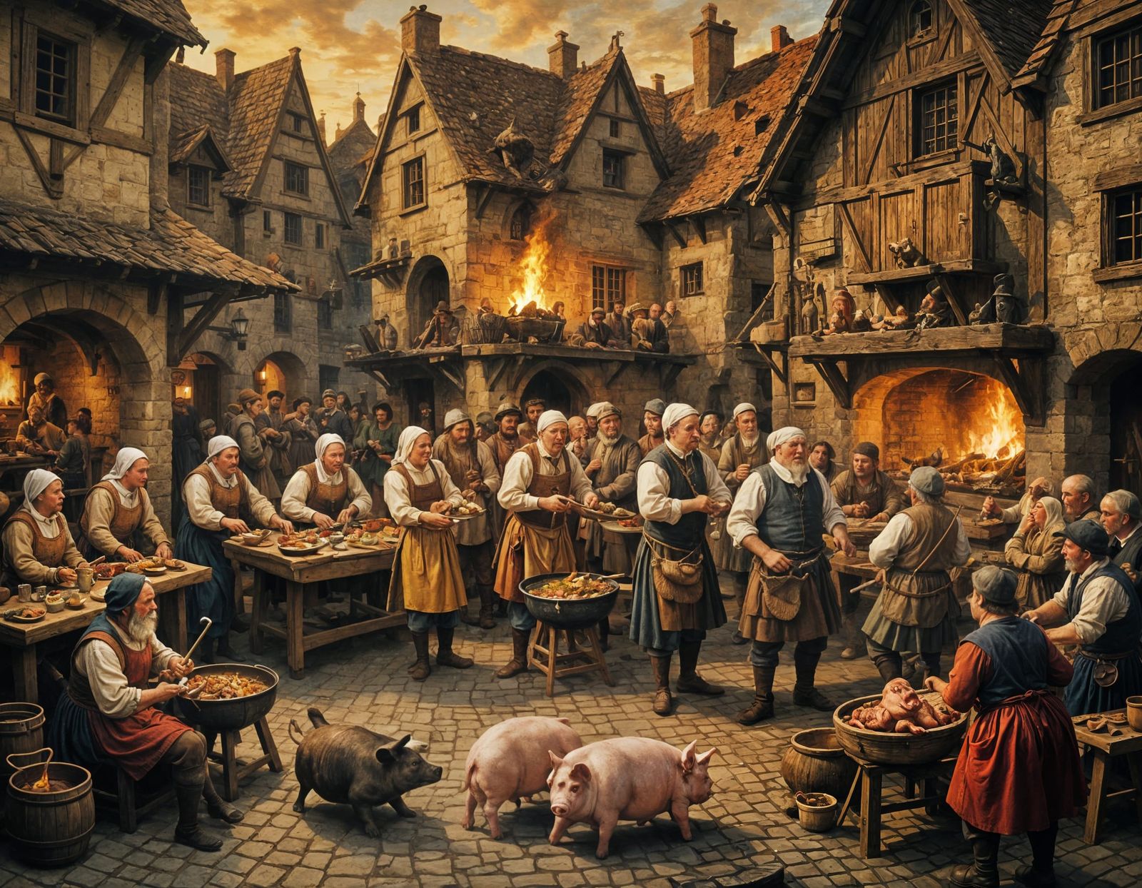 Medieval Town Square Banquet in Oil Painting Style