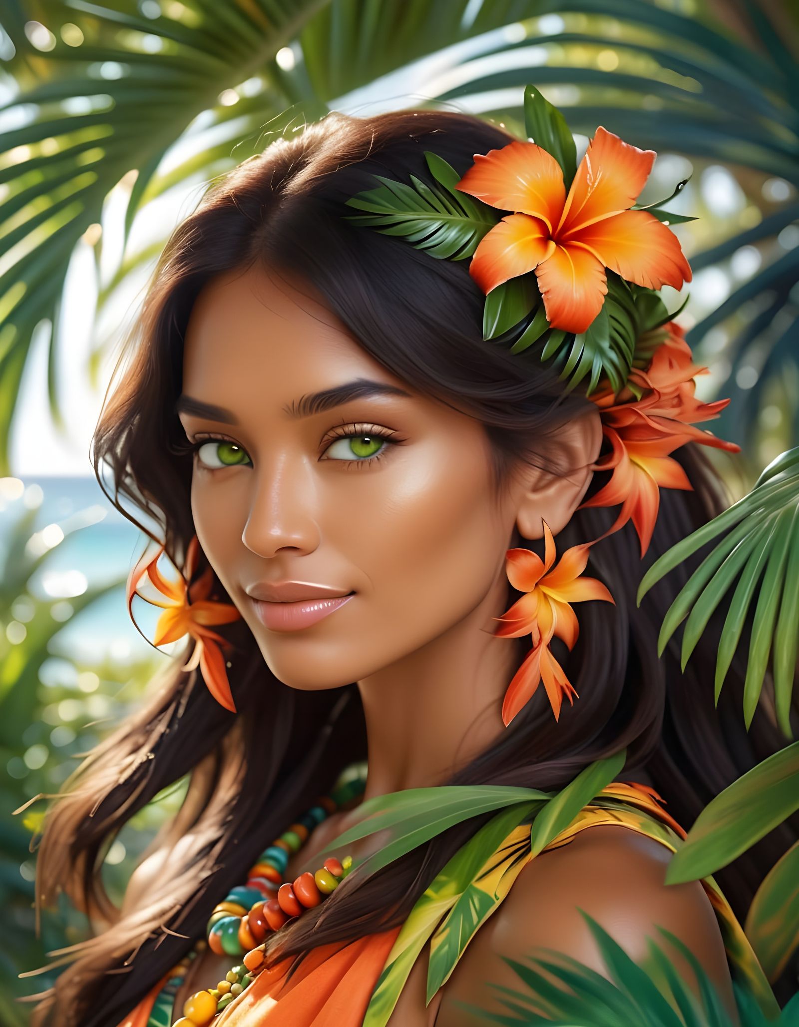 Sensual Tahitian Goddess Surrounded by Tropical Paradise