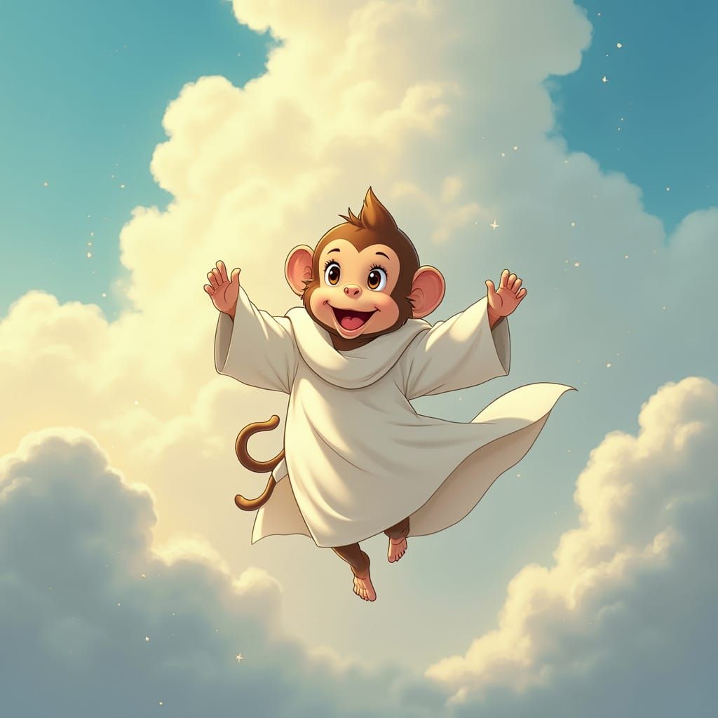 Baby Monkey's Heavenly Visit in Cartoon Style