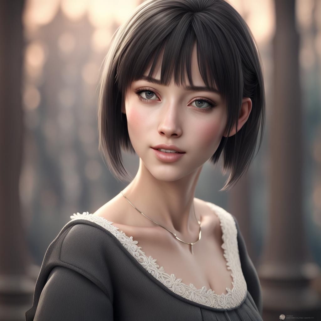 Beautiful Detailed Girl with Black Hair and Eyes
