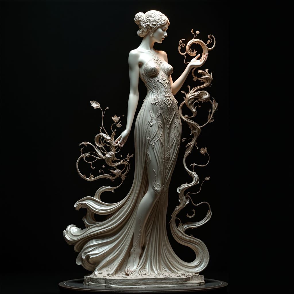 Elegant Silver Female Figure in Art Nouveau Style