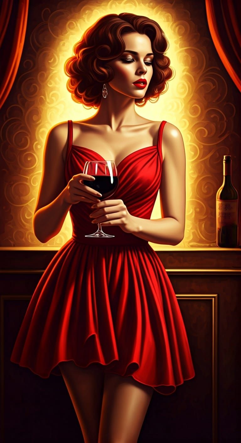 Elegant Woman in Red Dress with Wine