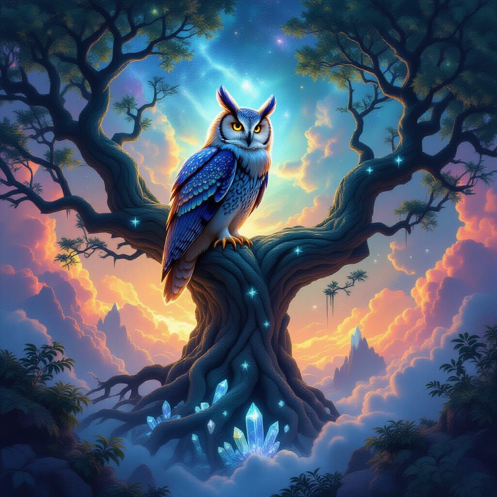 Majestic Owl on Ancient Tree Under Nebula Sky