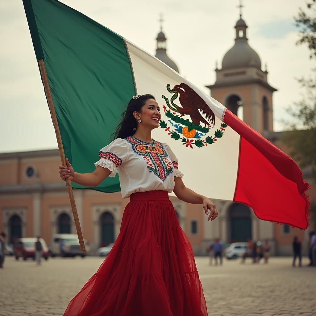 Beautiful Mexican Woman Waves Flag in Puebla