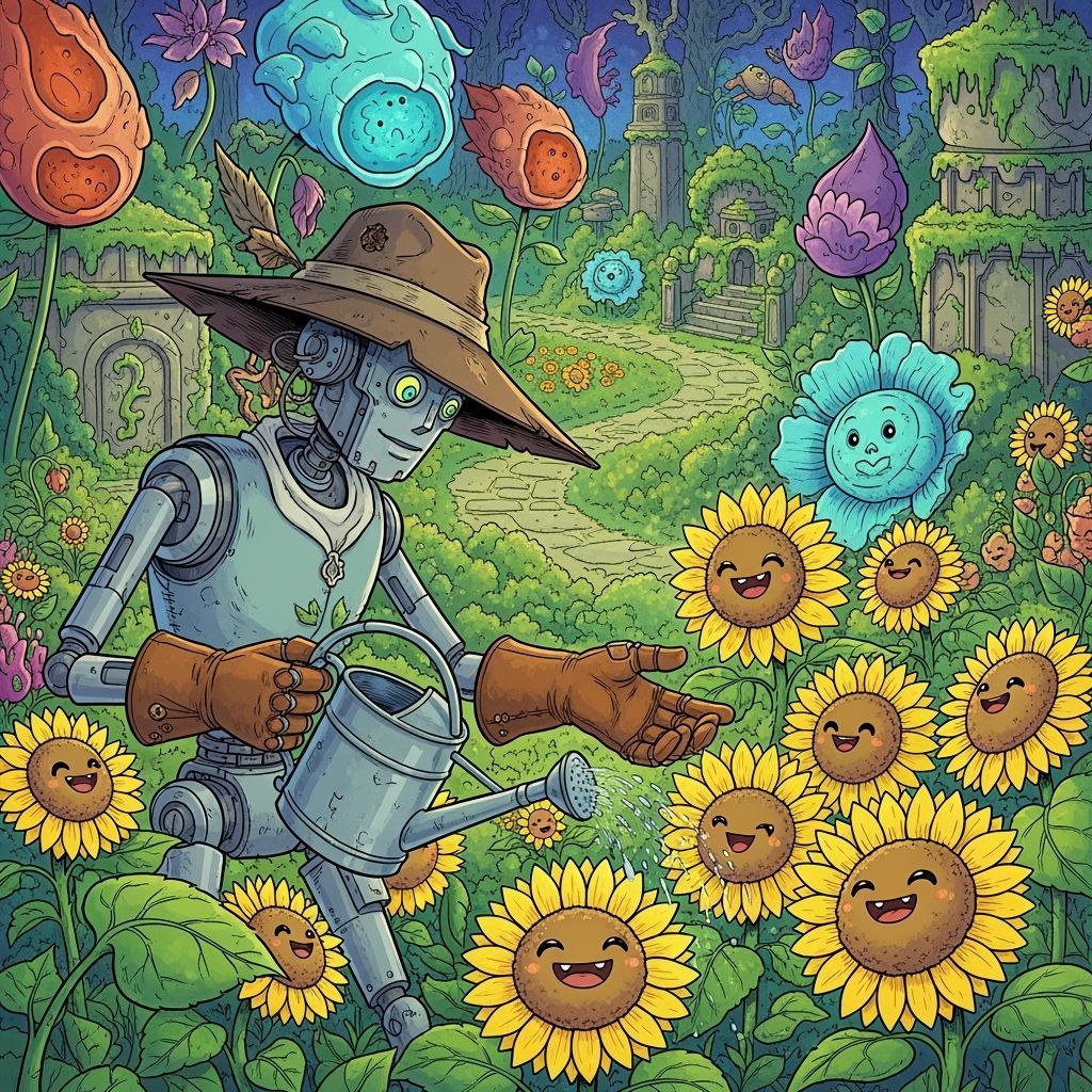 Whimsical Robot Gardener Tending Giggle-Snouted Sunflowers