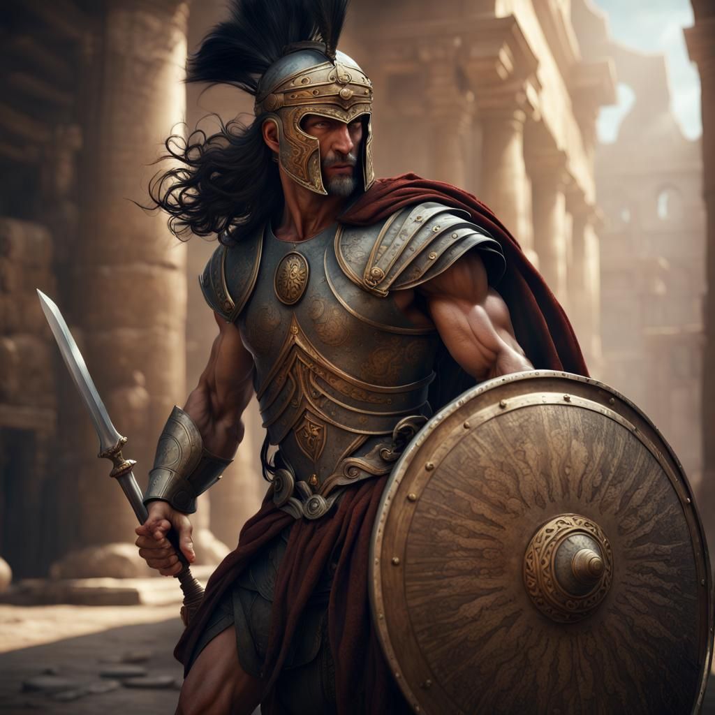 Roman Warrior with Shield: Detailed Fantasy Art