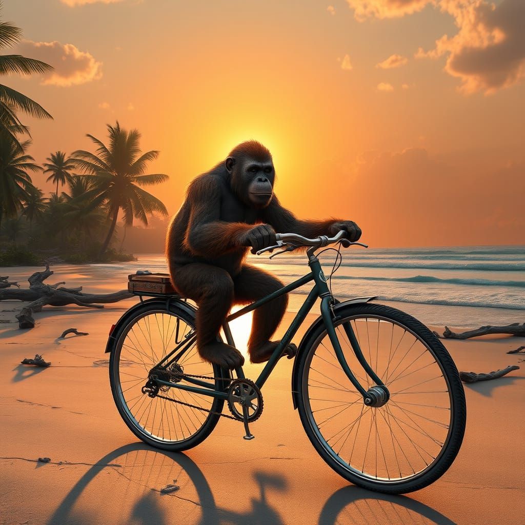 Majestic Orangutan Rides Vintage Bicycle Along Sunset Beach