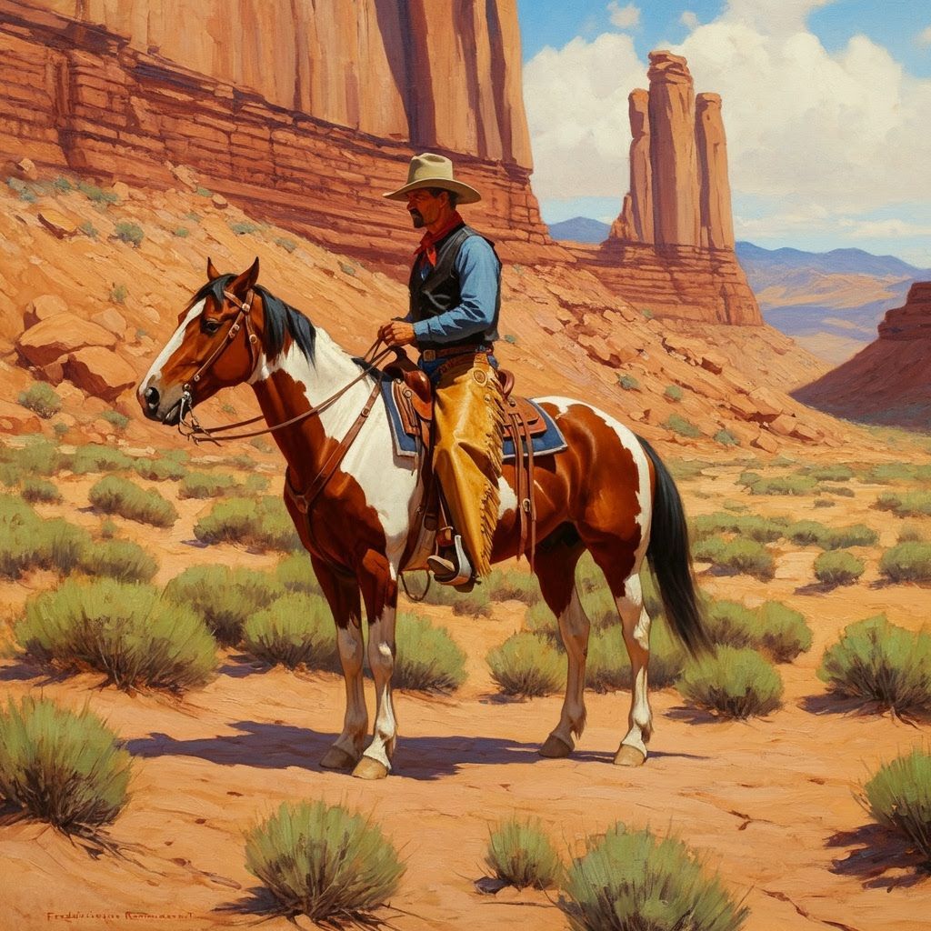 Cowboy Rides Through Desert Canyon: Impressionistic Oil Pain...