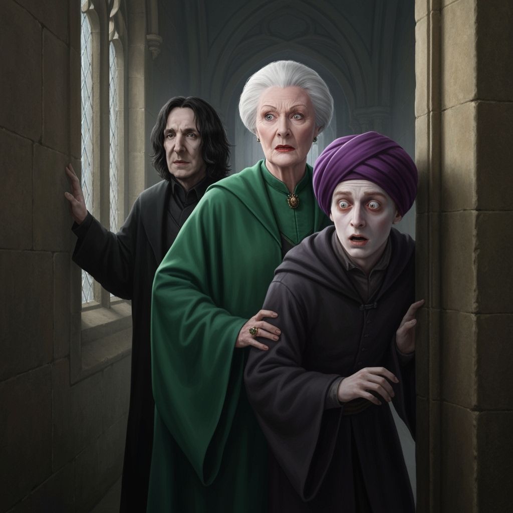 Surprised Witches and Wizards in Castle Corridor