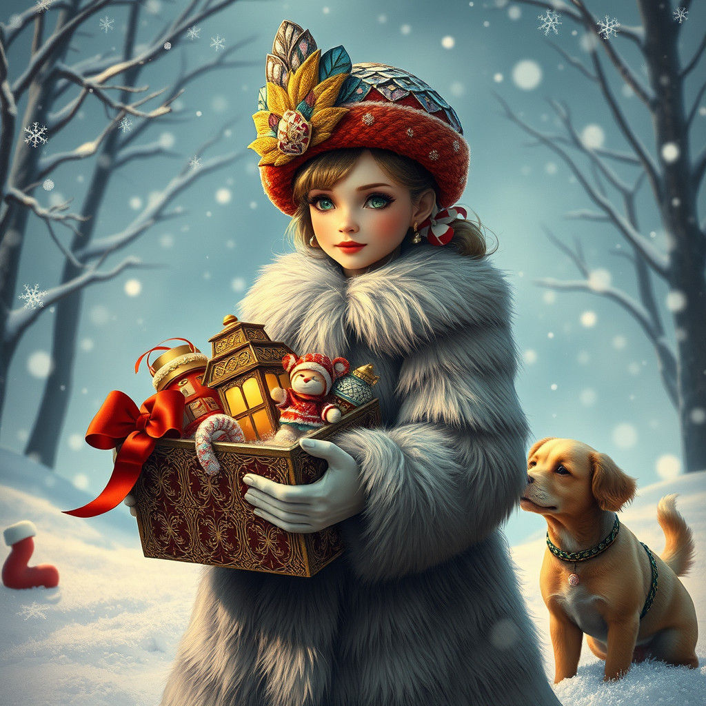 Art Deco Girl with Christmas Toys and Dog