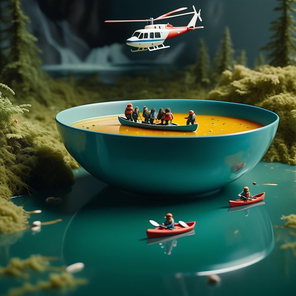Miniature Canoeists Trapped in Soup Bowl