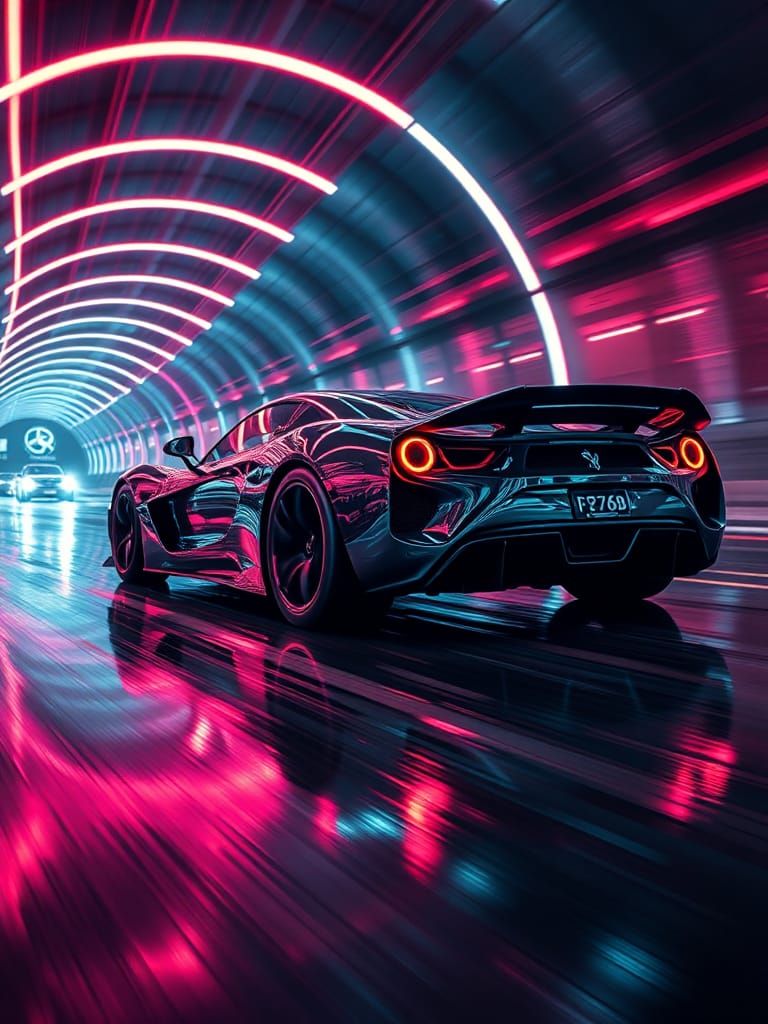 Chrome Supercar Speeds Through Neon Tunnel