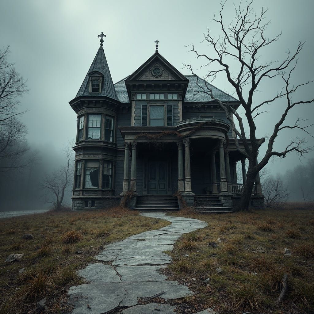 Haunting Victorian Mansion in a Desolate Landscape