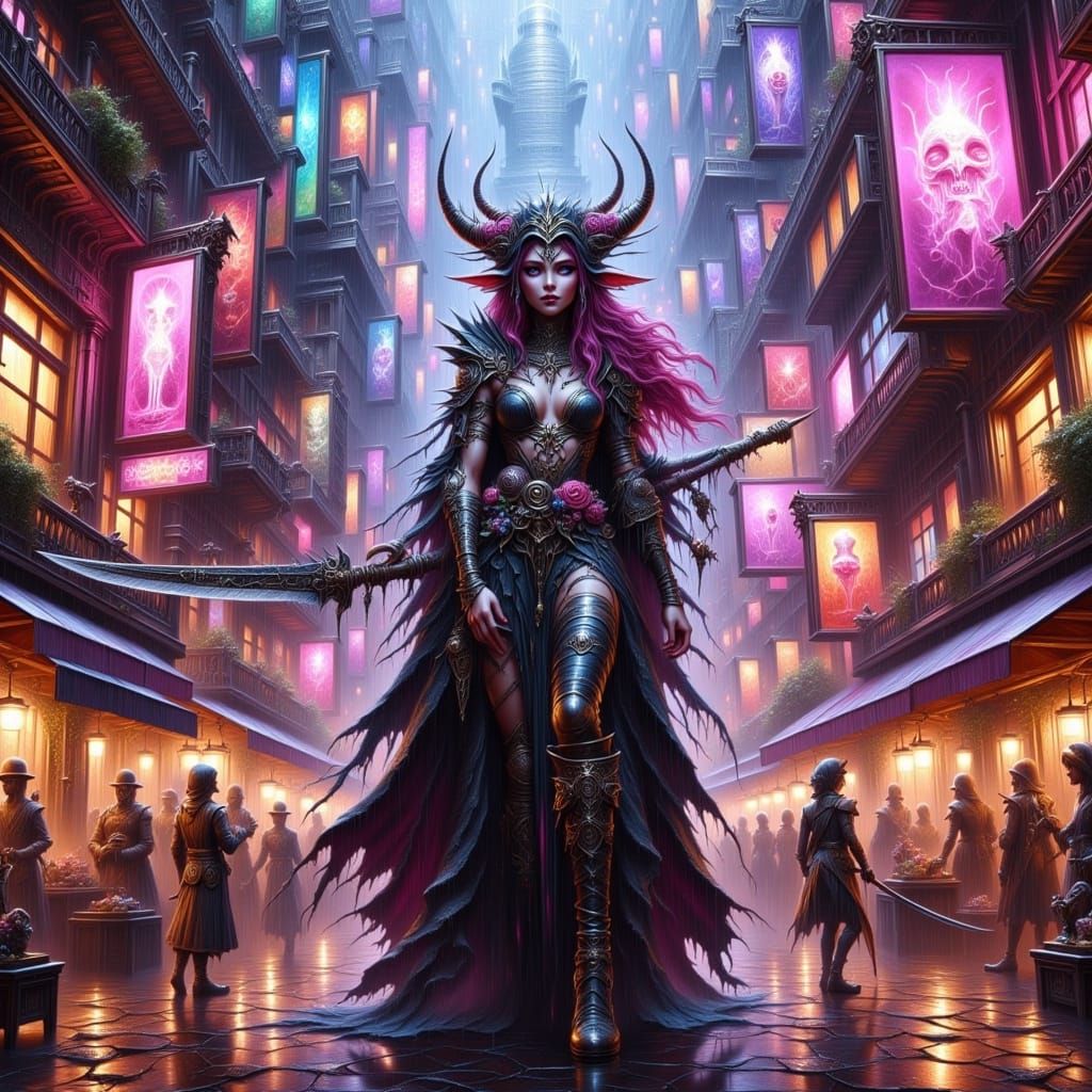 Drow Elf Rogue in Cyberpunk Cityscape