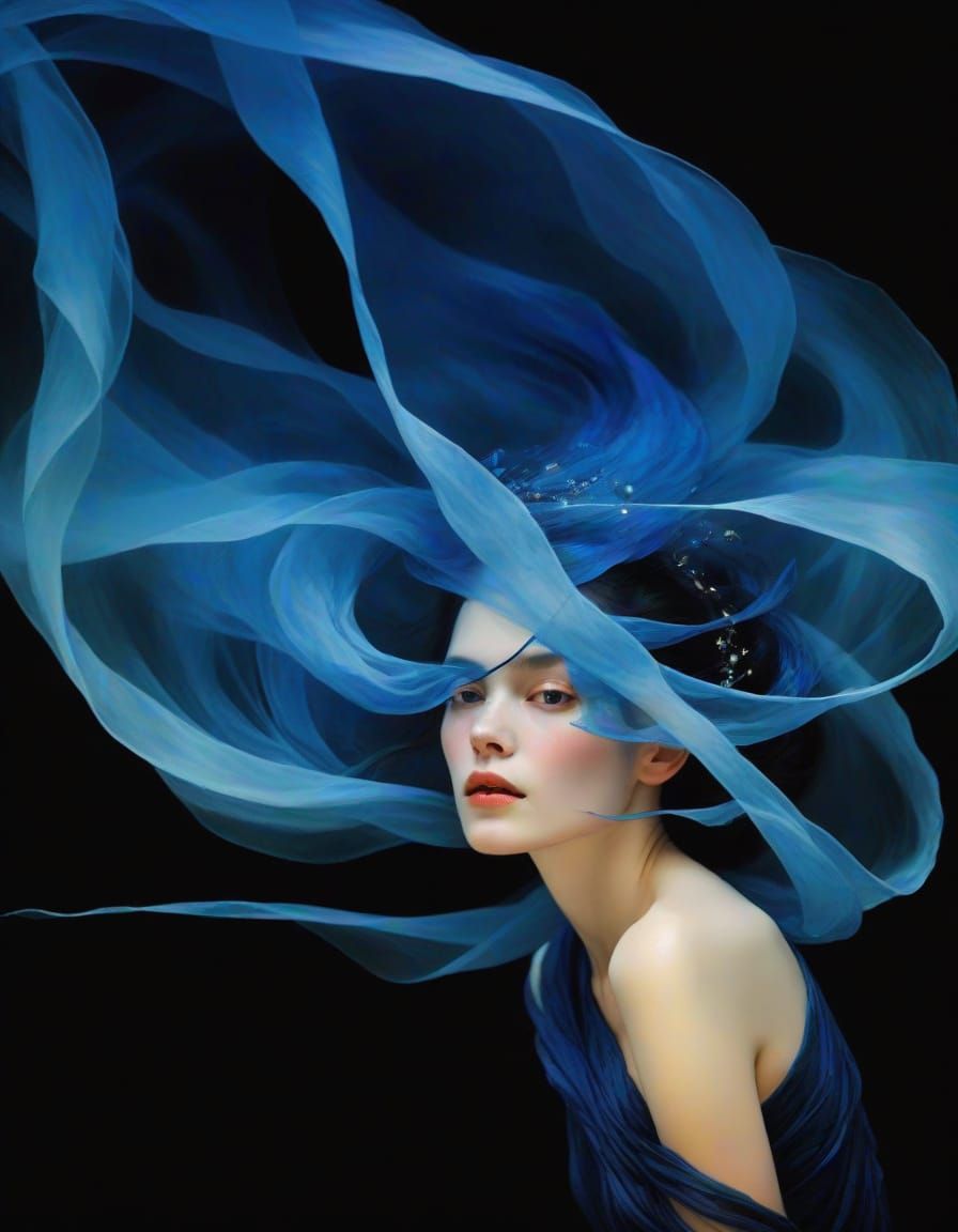 Art Nouveau Portrait in Elegant Blue Hues