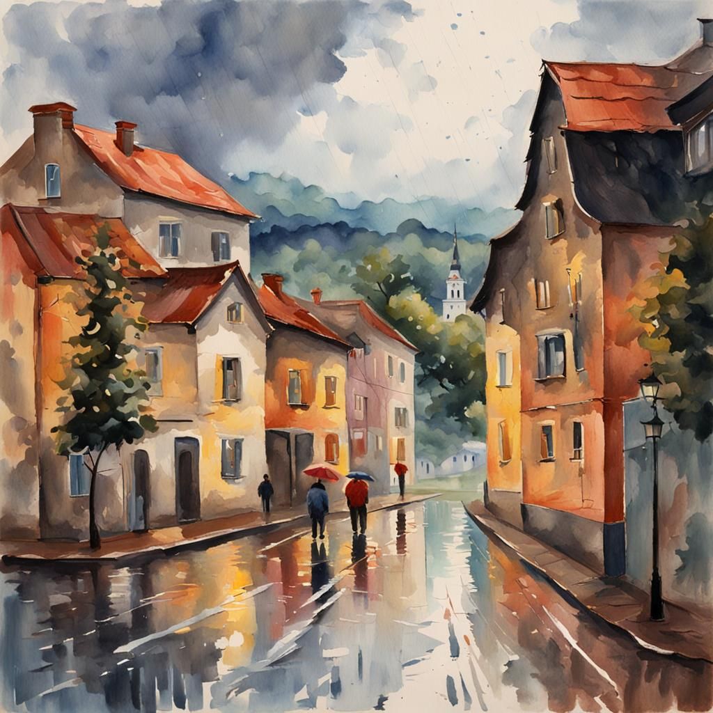 Rainy Town in Gouache and Watercolor Style