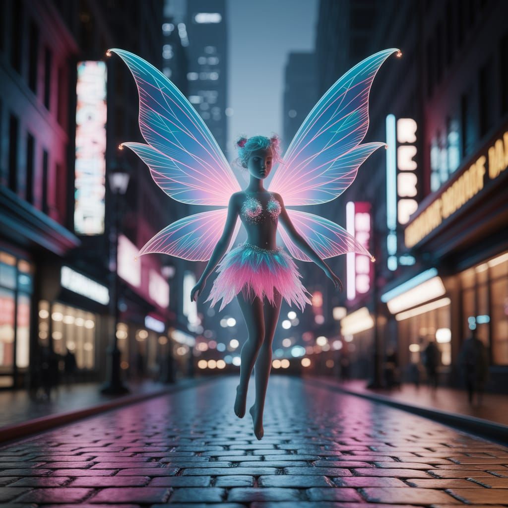 Neon Fairy with Iridescent Wings Over Cityscape