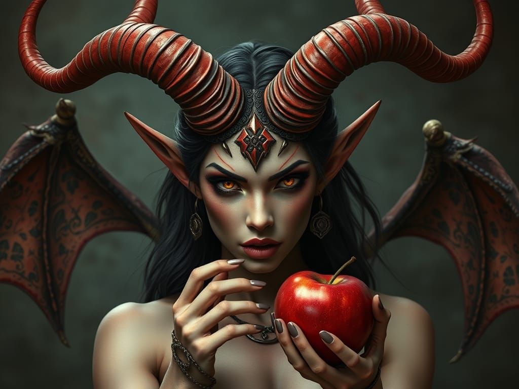 Seductive Demoness Offers Tempting Fruit in Deep, Vibrant Co...
