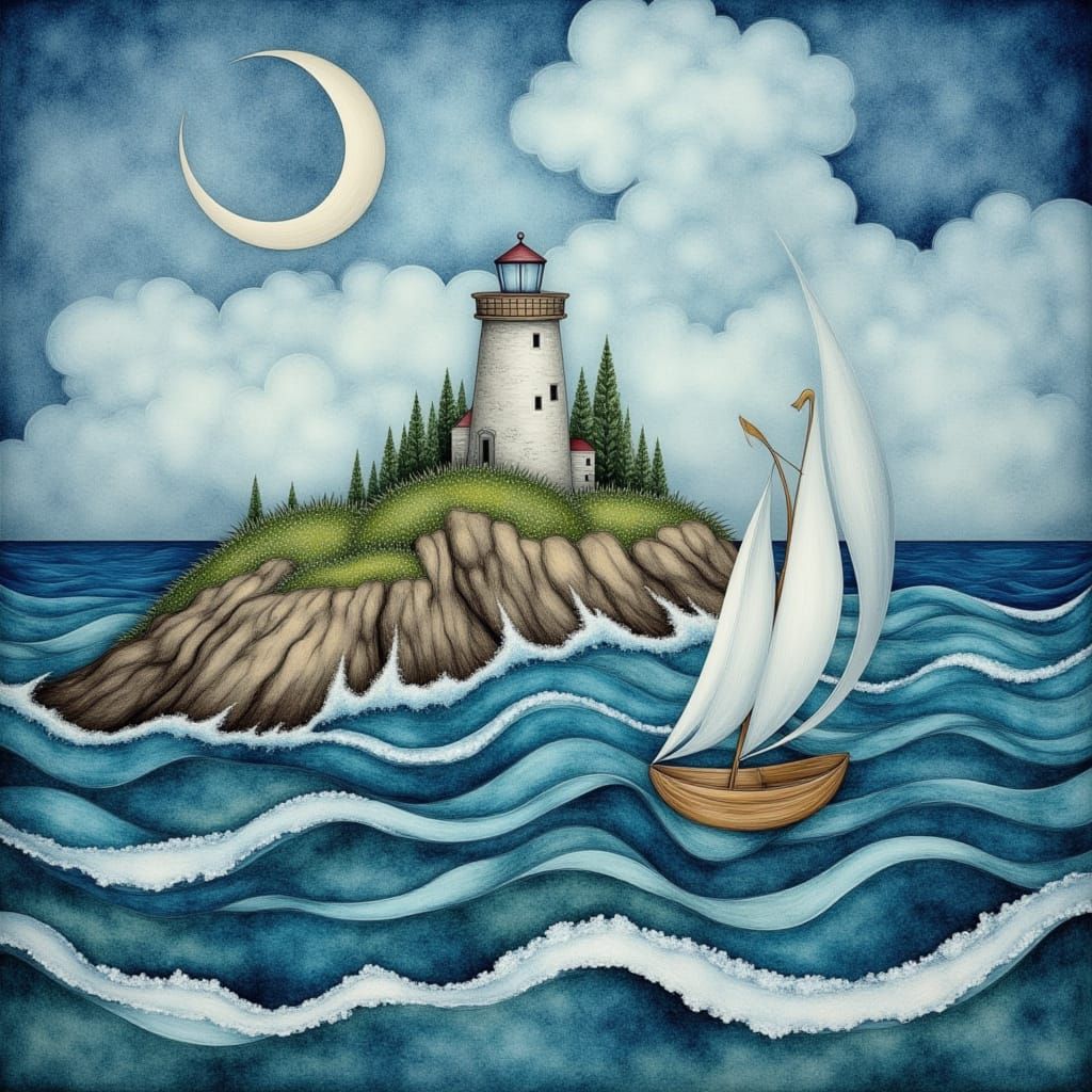 Rustic Lighthouse on Rocky Coast, in Folk Art Style