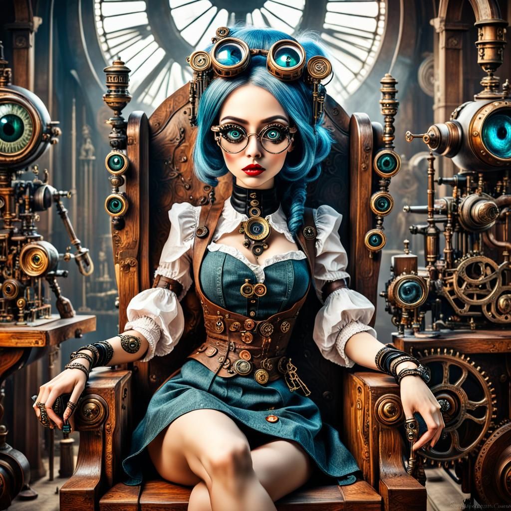 Steampunk Doll Girl in Colorful Woodcarving Style