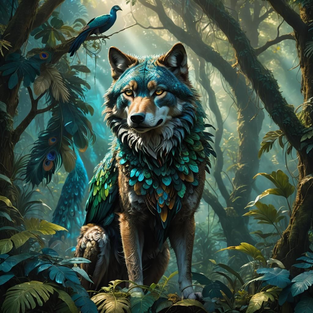 Wolf and Peacock Hybrid in Lush Rainforest Canopy