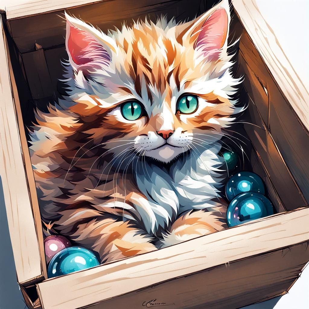 Cute Kitten Snuggling: Whimsical Digital Illustration