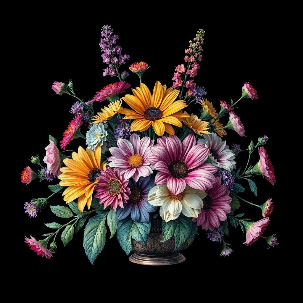 Colorful Floral Still Life in Scratchboard Technique