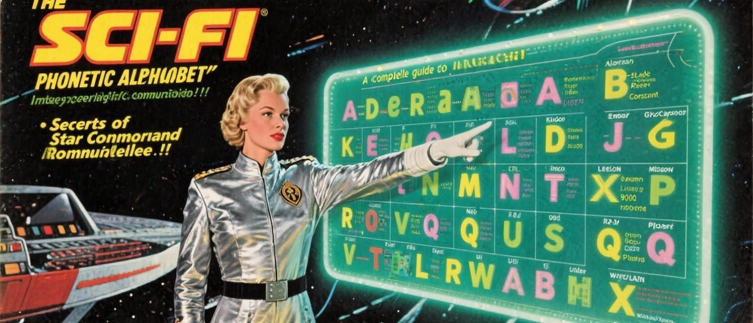1950s Sci-Fi Magazine Cover: Galactic Alphabet & Starship Br...