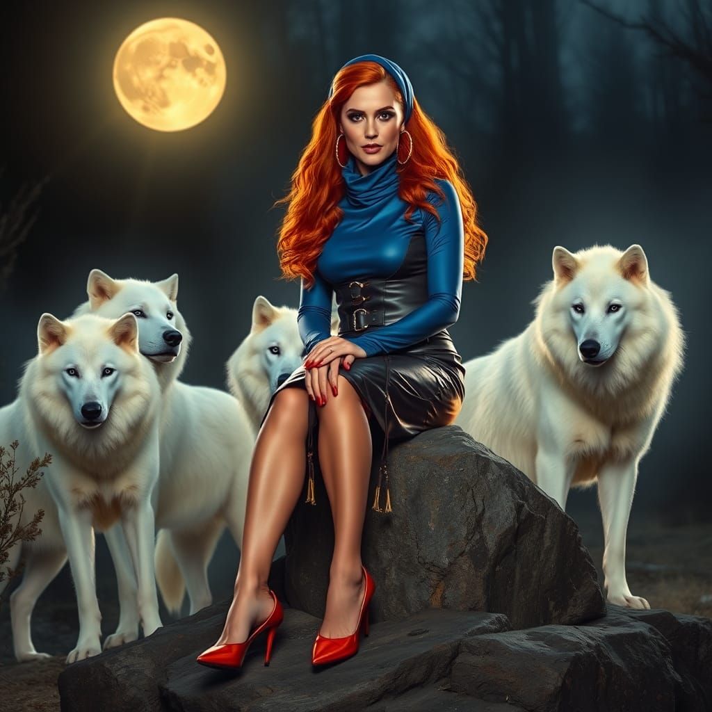 Glamorous Secretary with Wolves in Moonlight