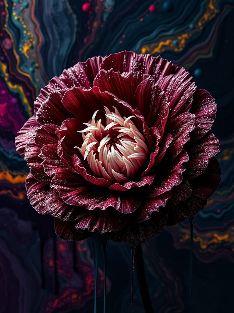 Dark Hyperrealistic Carnation Bloom in Cosmic Landscape
