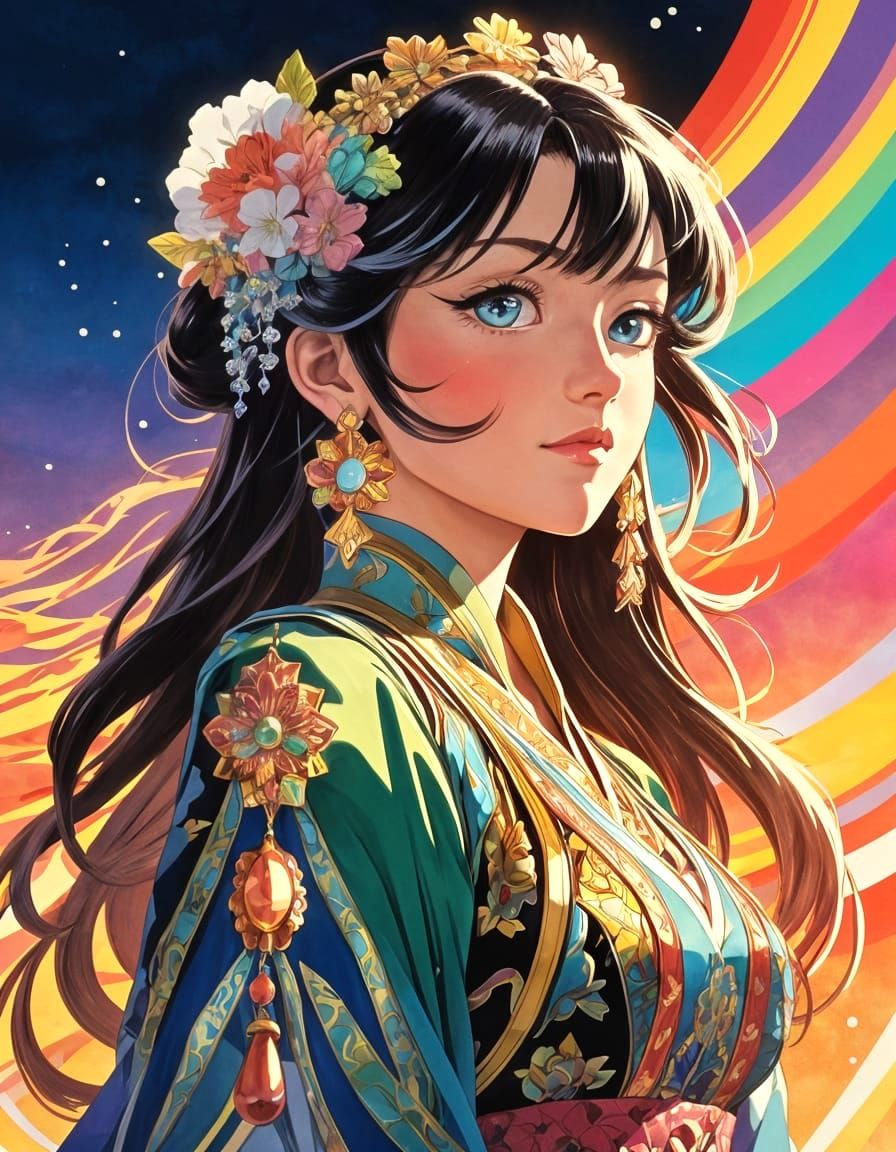 Vibrant anime. Medium shot.