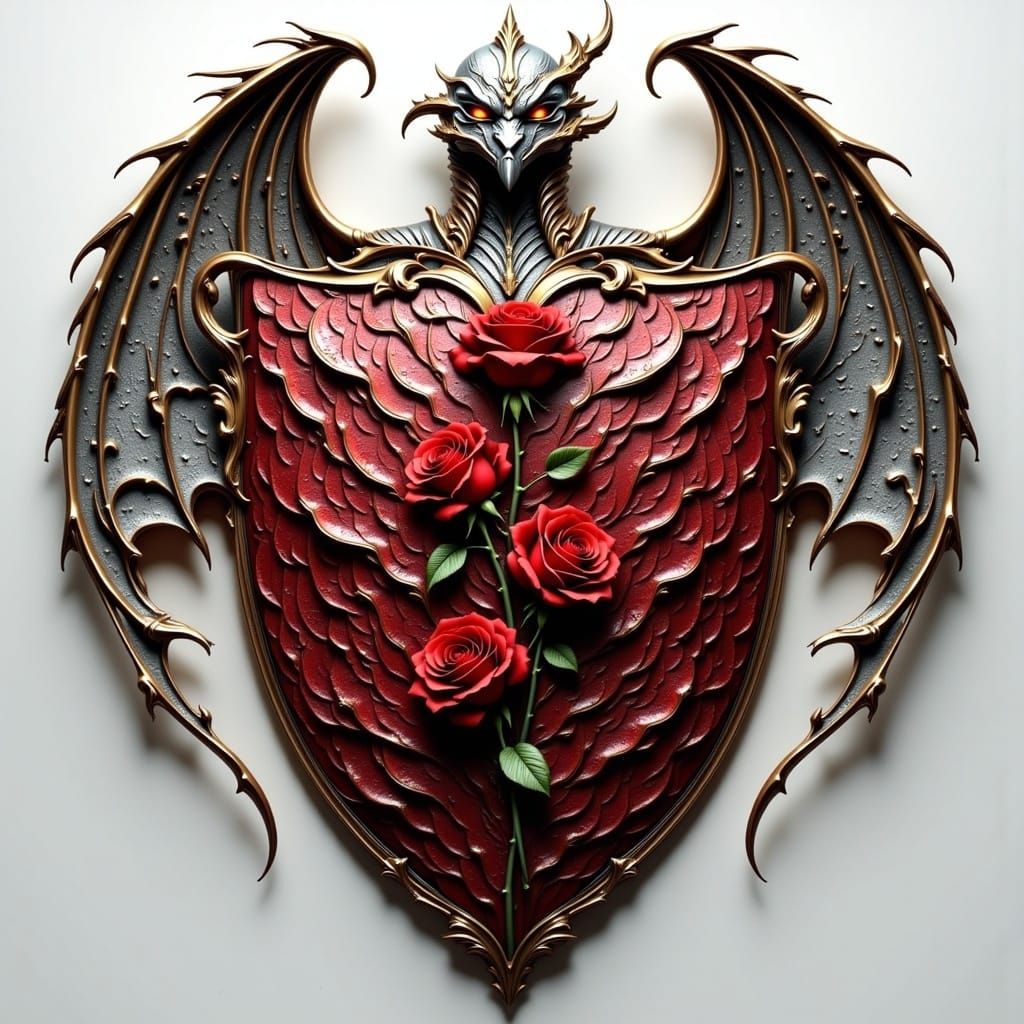 Medieval Coat of Arms with Dragon Scales and Red Roses